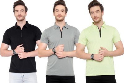 PHINSTAR Solid Men Polo Neck Black, Grey, Light Green T-Shirt