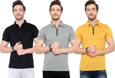 Adorbs Solid Men Polo Neck Black, Grey, Yellow T-Shirt