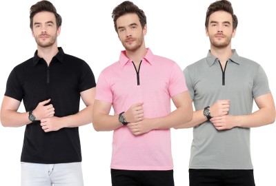 Tivy Solid Men Polo Neck Pink, Black, Grey T-Shirt