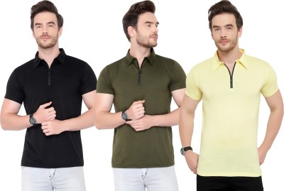 Tivy Solid Men Polo Neck Dark Green, Black, Yellow T-Shirt