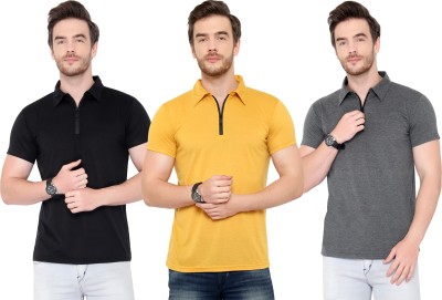 Adorbs Solid Men Polo Neck Black, Grey, Yellow T-Shirt