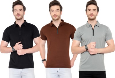 Tivy Solid Men Polo Neck Brown, Black, Grey T-Shirt