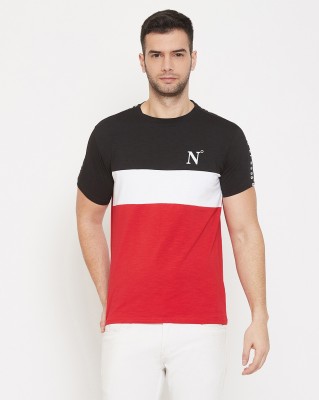 Qubic Colorblock Men Round Neck Red, White, Black T-Shirt