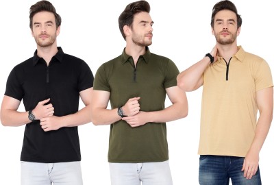 Tivy Solid Men Polo Neck Dark Green, Black, Beige T-Shirt