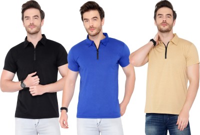 Adorbs Solid Men Polo Neck Blue, Black, Beige T-Shirt