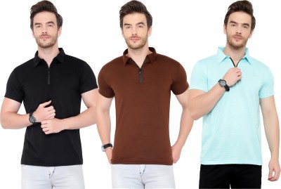Tivy Solid Men Polo Neck Light Blue, Brown, Black T-Shirt