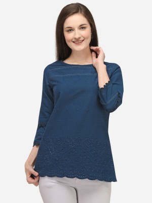Prettify Casual 3/4 Sleeve Embroidered Women Dark Blue Top