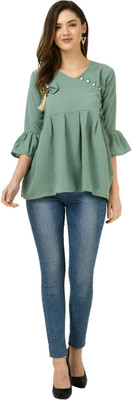 Nibiha Casual Solid Women Light Green Top