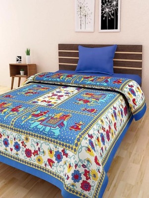 Khyati 180 TC Cotton Single Jaipuri Prints Flat Bedsheet(Pack of 1, Blue)