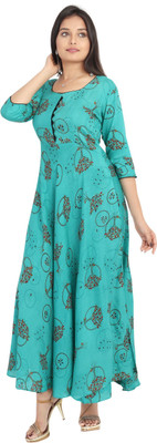 RASIKAA FASHION Women Printed Flared Kurta(Light Blue)