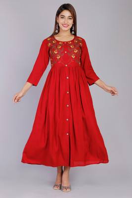 Hand Block Print Women Printed Anarkali Kurta(Maroon)