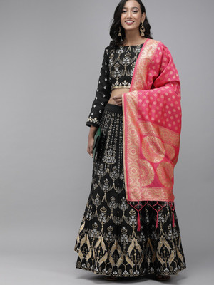 Divastri Floral Print Semi Stitched Lehenga Choli(Black, White)