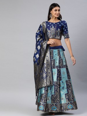 Divastri Self Design Semi Stitched Lehenga Choli(Dark Blue, Light Blue)