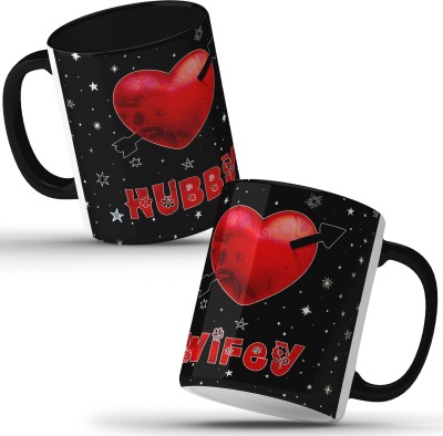 Unbounded Company Hubby Wifey & Heart With An Arrow Black Ceramic Coffee Mug(325 ml, Pack of 2)