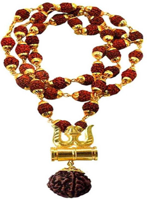 LETNIX Religious Jewelry Lord Shiv Damru Locket With Puchmukhi Rudraksha Mala Gold-plated Plated Wood Chain Gold-plated Plated Brass Chain
