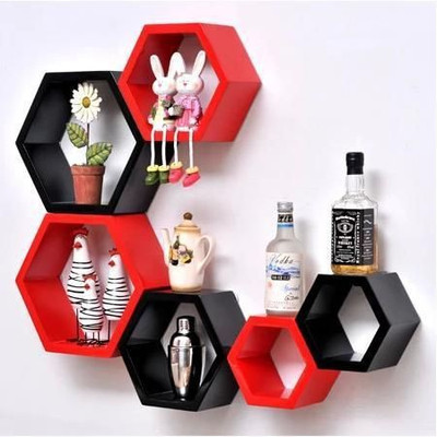 DECORASIA Beautiful Hexagon shape wooden wall shelves for home decoration Wooden Wall Shelf(Number of Shelves - 6, Black, Red)
