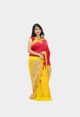 TARAMA ENTERPRISE Printed Jamdani Cotton Silk Saree(Red, Yellow)