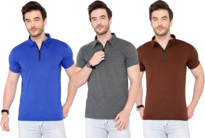 Tivy Solid Men Polo Neck Blue, Brown, Grey T-Shirt