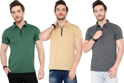 Adorbs Solid Men Polo Neck Green, Grey, Beige T-Shirt
