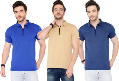 Adorbs Solid Men Polo Neck Blue, Beige T-Shirt
