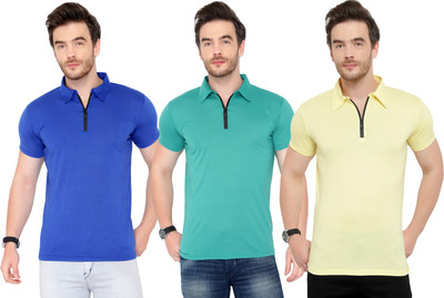 Adorbs Solid Men Polo Neck Blue, Yellow, Light Green T-Shirt