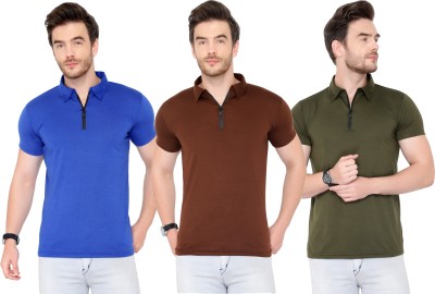Tivy Solid Men Polo Neck Dark Green, Blue, Brown T-Shirt