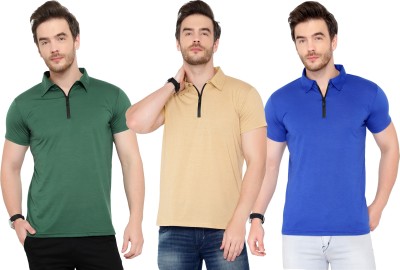 Adorbs Solid Men Polo Neck Dark Green, Blue, Beige T-Shirt