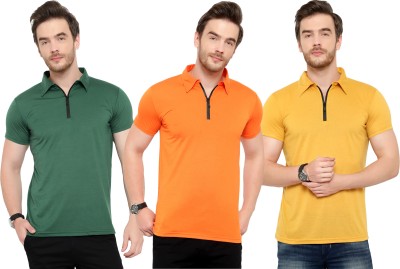 Adorbs Solid Men Polo Neck Dark Green, Orange, Yellow T-Shirt