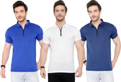 Adorbs Solid Men Polo Neck Dark Blue, White T-Shirt