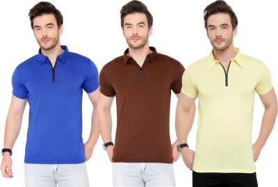 Adorbs Solid Men Polo Neck Blue, Brown, Yellow T-Shirt