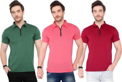 Adorbs Solid Men Polo Neck Dark Green, Maroon, Pink T-Shirt