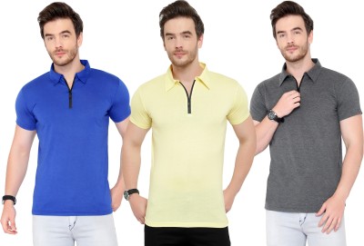 Tivy Solid Men Polo Neck Blue, Grey, Yellow T-Shirt