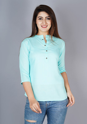 Brijam Casual 3/4 Sleeve Solid Women Light Blue Top