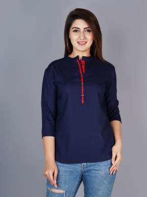 Brijam Casual 3/4 Sleeve Color Block Women Dark Blue Top