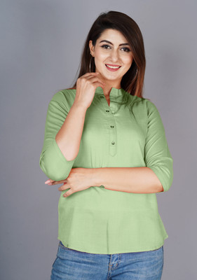 Brijam Casual 3/4 Sleeve Solid Women Green Top