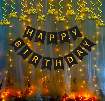 Bloomsevent Combo Of 1 Black Happy Birthday Banner ,1 LED Light 12pcs HDB Danglers. Banner(20 ft, Pack of 14)