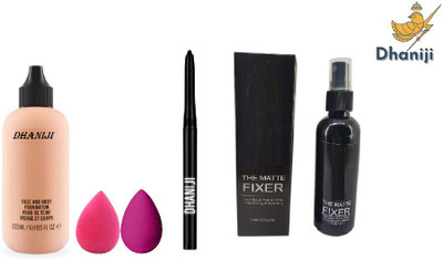 Dhaniji Face & Body Foundation For All Skin, Bold Black Kajal with 2 Powder Puff & Long Lasting Mate Fixer Spray (5 Items in the set)(5 Items in the set)