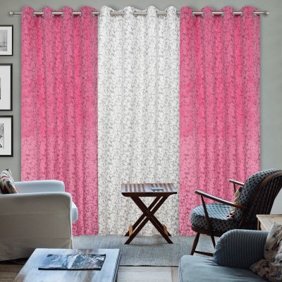Impression Hut 274 cm (9 ft) Velvet Room Darkening Long Door Curtain (Pack Of 3)(Printed, Pink White)