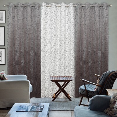 Impression Hut 274 cm (9 ft) Velvet Room Darkening Long Door Curtain (Pack Of 3)(Printed, Grey-White)