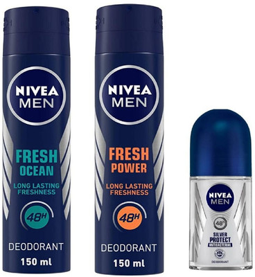 NIVEA Fresh Ocean Deo 150 Ml , Fresh Power Deo 150 Ml , Silver Protect Roll On 50 Ml (Pack of 3) Deodorant Spray  -  For Men & Women(350 ml, Pack of 3)