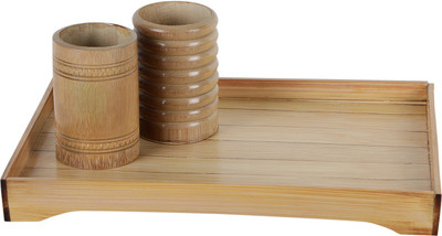 GoBamboos 1 Compartments Bamboo Penholder With Bamboo Tray(Beige)