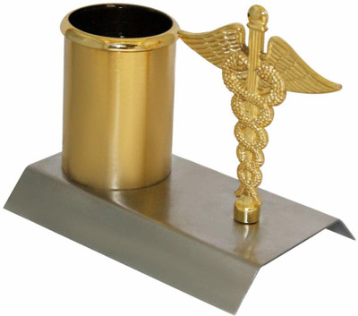 DELITON 1 Compartments steel Stainless Steel Pen, Pencil Holder Stand Organizer with attached Doctor Symbol/Caduceus for Doctor's Office Desk (Gold & Silver, 12 x 7.5 x 10 Cm)(Gold)