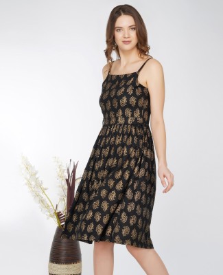 METRO-FASHION Women Gathered Black, Gold Dress