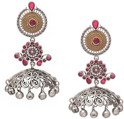 RUBANS Silver Plated Dual Tone CZ Studded Faux Ruby Embellished Contemporary Jhumka Earrings Metal Jhumki Earring