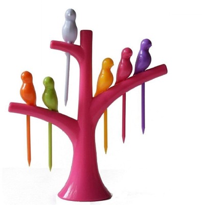 FN FOREVER NEW Plastic Fruit Fork Set with Stand, 6-Pieces, Multicolour Plastic Fruit Fork, Salad Fork