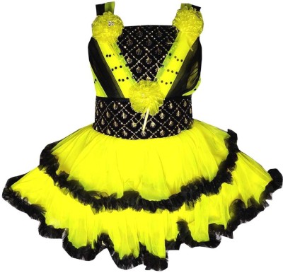 OMG Collection Baby Girls Midi/Knee Length Festive/Wedding Dress(Yellow, Sleeveless)