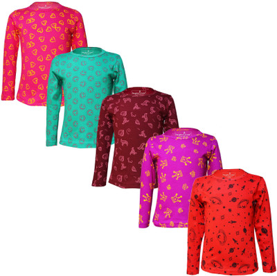Naughty Little Girls Printed Pure Cotton Regular T Shirt(Multicolor, Pack of 5)
