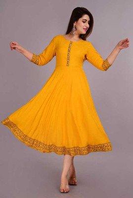 HELLEN VELLEN Women Solid Flared Kurta (Yellow)