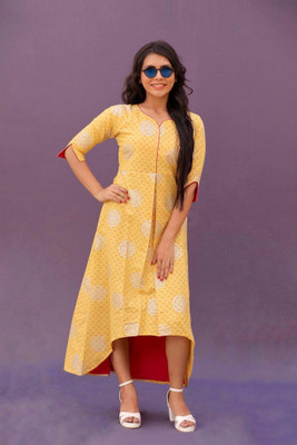 La Trendzo Women Printed Gown Kurta(Yellow)
