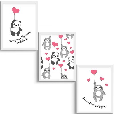 SC CREATIVES SC CREATIVES Set of 3 Cute Sloth & Panda Pink Hearts Framed Art Prints Painting with Plexi Glass 12 x 9 Inches Wall Art Gift Posters for Wall Decor Wall Hangings - White Frame | Ready To Hang Digital Reprint 12 inch x 9 inch Painting(With Frame, Pack of 3)